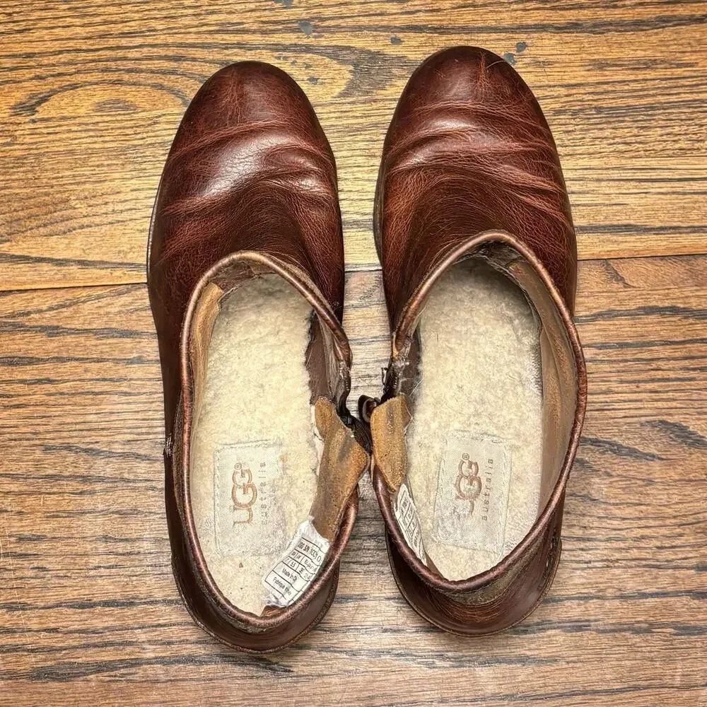 UGG Penelope Brown Leather Ankle Boots 7 Side Zip Shearling Lined Low Heel